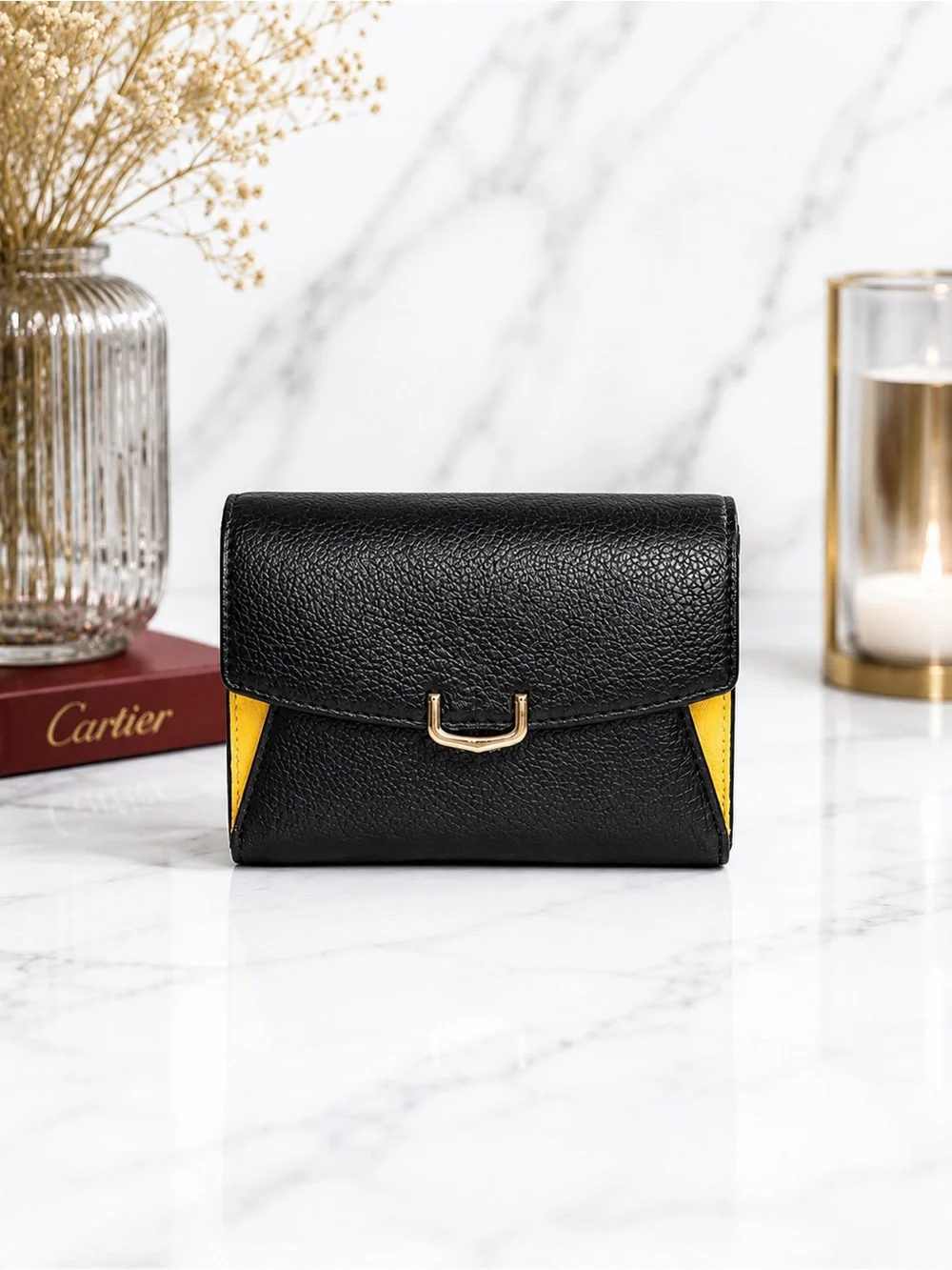 Cartier Compact Bifold Leather Wallet – Black & Yellow Leather